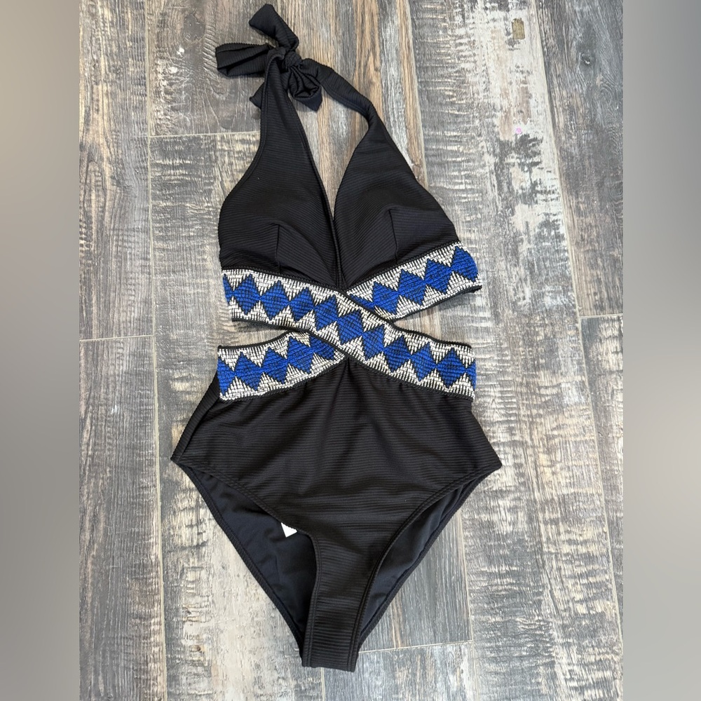 NWT CUPSHE Black and Blue Halter Swimsuit